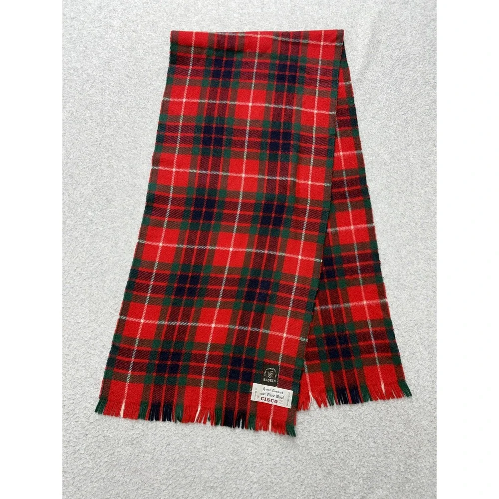 Vintage Baskin Wool Scarf Mens One Size Red Tartan Plaid Fringe West Germany